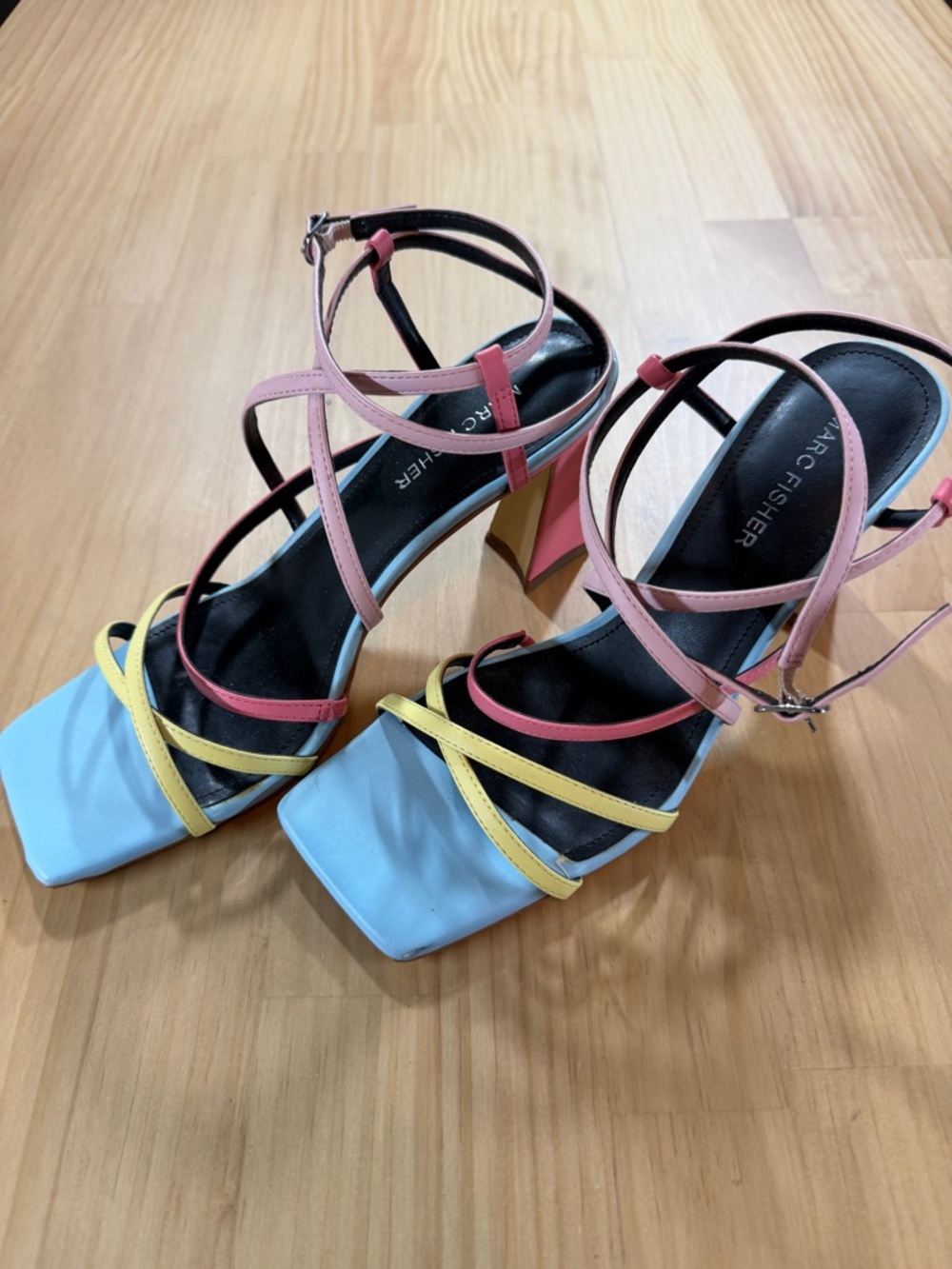 Marc Fisher Pastel Multi-Strap Block Heels — Blue, Pink, Yellow B10